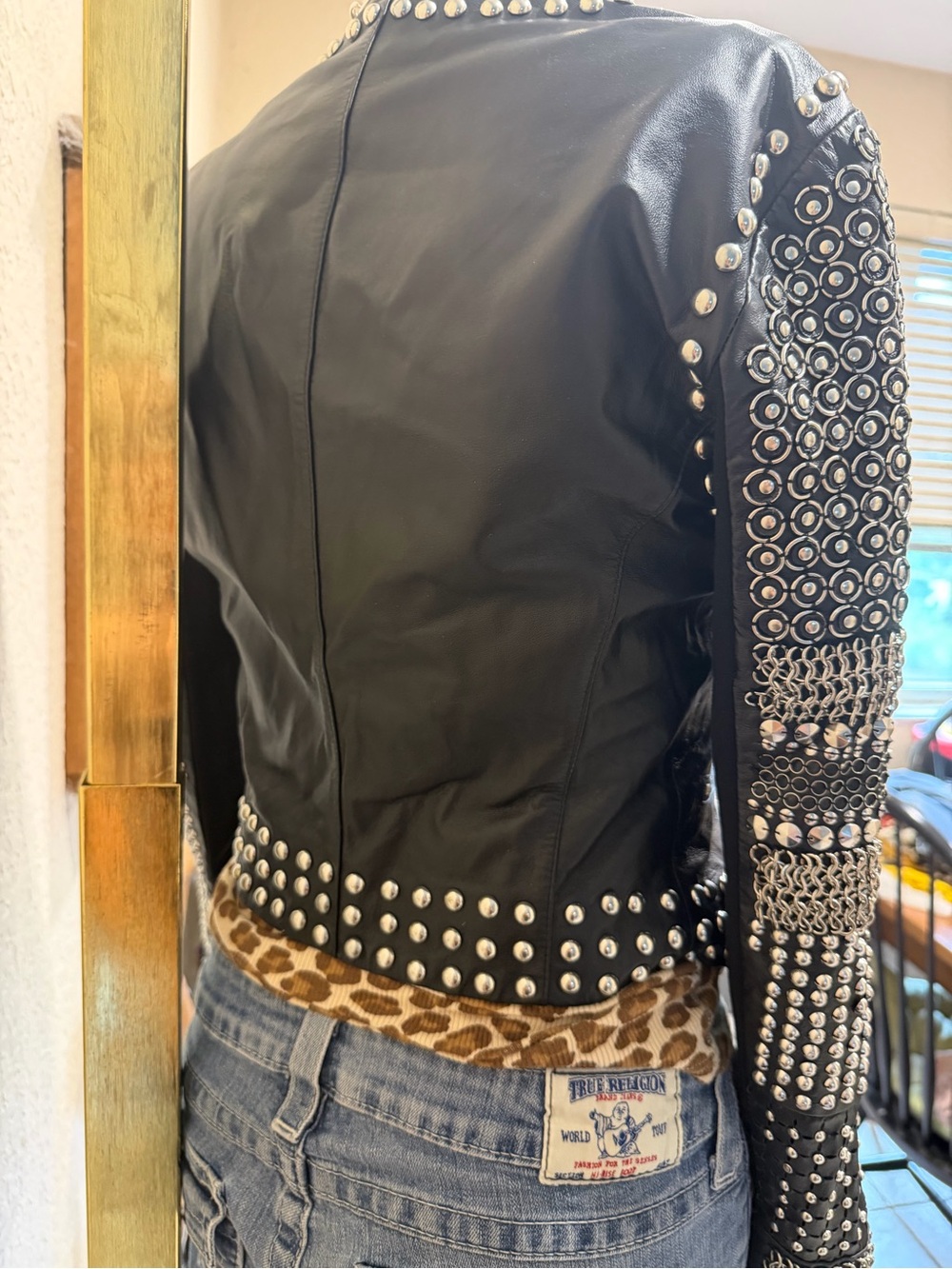 Vintage Bebe Bobbie Studded Crop Black leather Jacket RARE Size Small - Picture 4 of 5